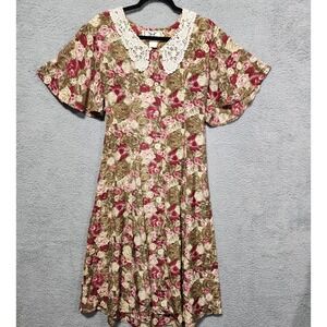 Vintage Lace Collared Flutter Sleeve Floral Womens Dress‎ Size 8 80's